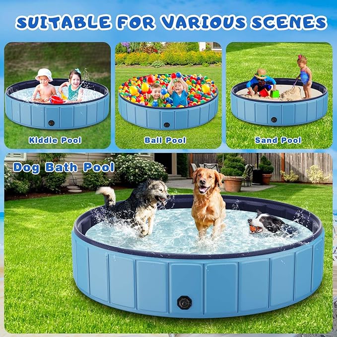 Foldable Dog Swimming Pool, Totiro 91"x16" Oversize Collapsable Hard Plastic Portable Bathing Tub for Pet Dog Kiddie Pool Indoor and Outdoor Leakproof PVC Play Pool for Large Dogs Pets Puppy Kids Blue-PurrikoPets