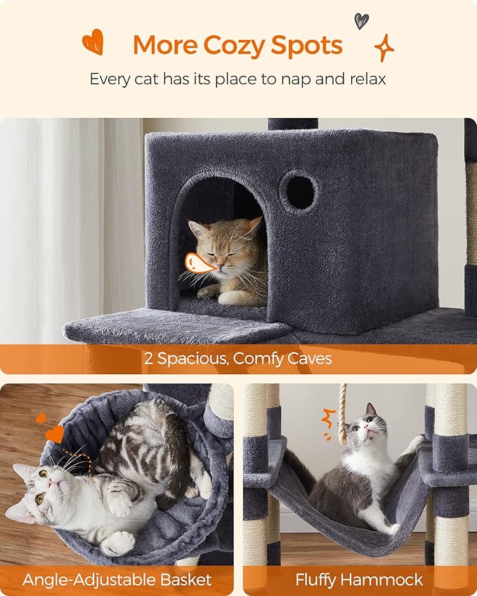 Feandrea Cat Tree, 81.1-Inch Large Cat Tower with 13 Scratching Posts, 2 Perches, 2 Caves, Basket, Hammock, Pompoms, Multi-Level Plush Cat Condo for Indoor Cats, Smoky Gray UPCT190G01-PurrikoPets