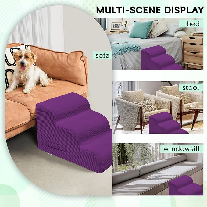Dog Steps for Small Dogs, 4-Step Dog Ramp and Stairs for High Beds and Sofa, Non-Slip Pet Stairs Removable and Easy to Clean Cover, Purple-PurrikoPets