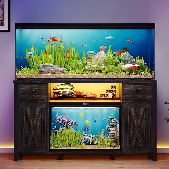 75 Gallon Fish Tank Stand with LED Light & Power Outlets, 55-75 Gallon Heavy Duty Metal Aquarium Stand with Drawers & Barn Doors, Cabinet for 2 Fish Tank Accessories Storage, Dark Oak-PurrikoPets