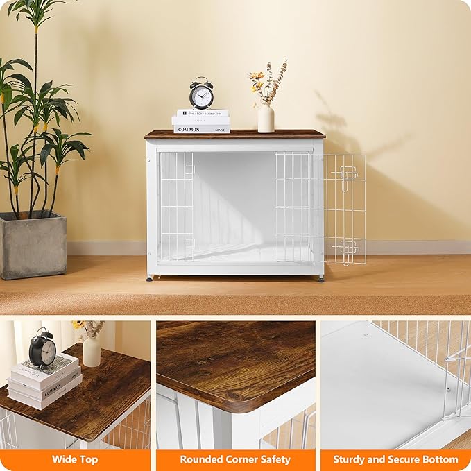 DWANTON Dog Crate Furniture with Cushion, Wooden Kennel Table with Double Doors, Indoor Dog House, Medium Size, 32.5" L, White+Rustic Brown-PurrikoPets