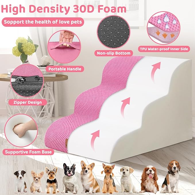 Dog Ramp and Stair for Bed 16" H-20 H,3-Step Cat Stair for Sofa and Chair,4-Step Dog Ramp for High Bed and Window,Durable Nonslip Fabric Cover for Indoor (Pink-16 H, Pet Friendly, 3)-PurrikoPets