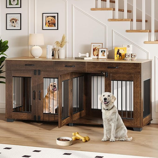 71 Inch Dog Crate Furniture for 2 Rooms, Wooden Double Crate Large Breed with Door, Dog Kennel Indoor, TV Stand End Table with Divider for Large Medium Dogs,Brown-PurrikoPets