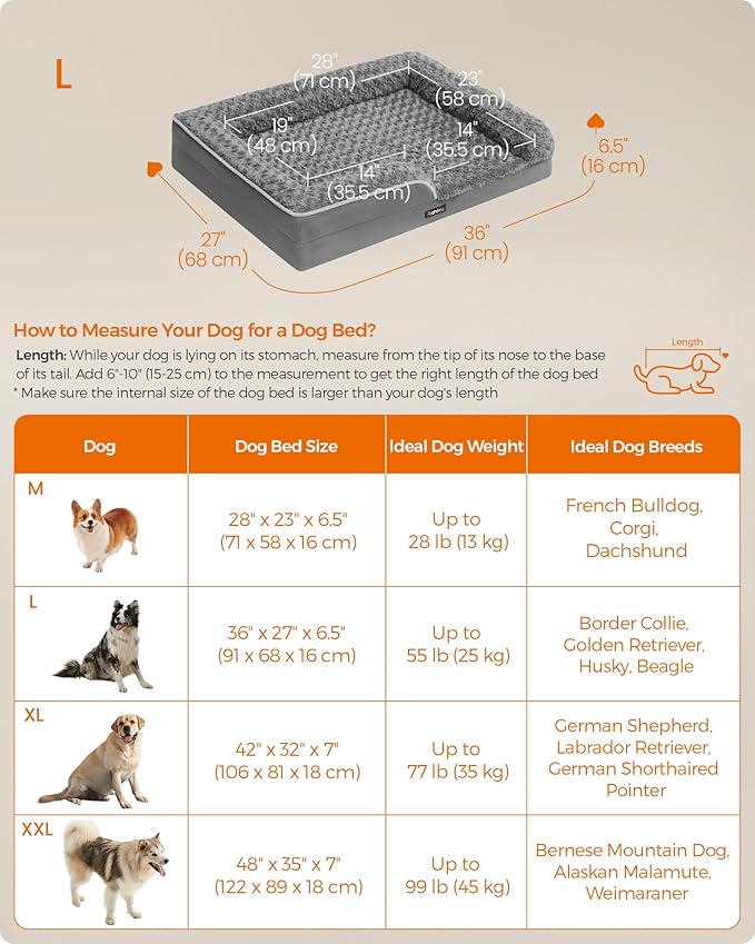 Feandrea Orthopaedic Dog Bed for Large Dogs, Waterproof Dog Sofa Bed with Removable Washable Cover, 36 x 27 x 6.5 Inches, Slate Gray UPGW252G02-PurrikoPets