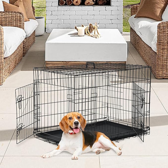 FDW Dog Crate Dog Kennel Cage with Double Door,36 inch Folding Metal Wire Dog Cage with Removable Tray&Divider Panel,Pet Crate for Medium Dogs,Black-PurrikoPets