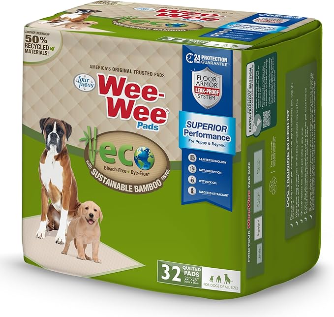 Four Paws Wee-Wee Superior Performance Bamboo Pee Pads for Dogs, Earth Friendly Dog & Puppy Potty Training Pads, Crate Liners, Housebreaking Supplies, 22" x 23" (32 Count)-PurrikoPets