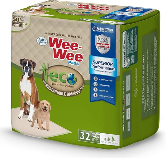 Four Paws Wee-Wee Superior Performance Bamboo Pee Pads for Dogs, Earth Friendly Dog & Puppy Potty Training Pads, Crate Liners, Housebreaking Supplies, 22" x 23" (32 Count)-PurrikoPets