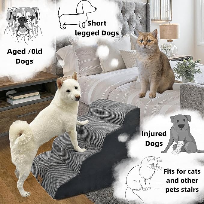4-Step Dog Stairs for High Beds 18-24 Inch Pet Steps 2 3 4 5 Tier Ladder Non-Slip Sturdy Ramp Small Medium Large Dog Steps to Couch Bed Old Dogs Balanced Pet Stairs for Getting on Bed-PurrikoPets