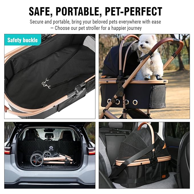 EchoSmile 4 in 1 Pet Stroller, Folding Lightweight Cat & Dog Stroller with Detachable Carrier, NO-Zip 180° Reversible Canopy, All Terrain 4-Wheel,45 lbs Capacity for Small to Medium Dogs-PurrikoPets
