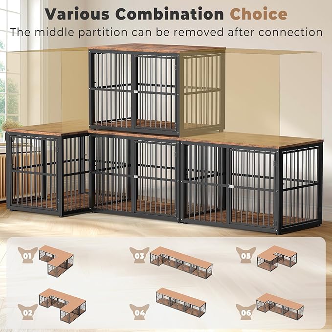 43'' Dog Crate Furniture with 3 Doors, XL Wooden Crate End Table Heavy Duty Indoor Puppy Cage for Medium to Large Dogs, Multiple Units Can be Combined-PurrikoPets