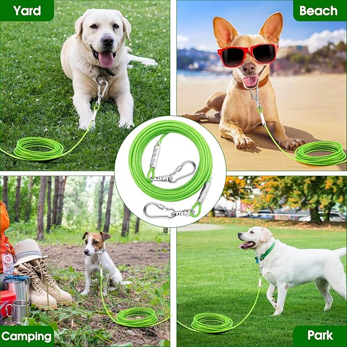 Dog Tie Out Cable for Outside,20FT Heavy Duty Dog Leash&Chains with Swivel Hook,Small-Large Dogs Runner Cable Up to 250lbs, Long Dogs Lead Line for Yard Outdoor and Camping (250lbs 20FT, Green)-PurrikoPets