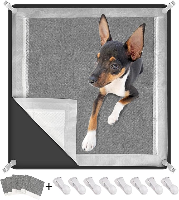 Dog Pee Pad Holder, Puppy Pad Holder Tray for 24'' x 24'' Training Pads, 15pcs Dog Potty Tray Set Include High Edge Silicone Mat & 6 Activated Charcoal Disposable Puppy Pads & 8 Holder Clamps-PurrikoPets