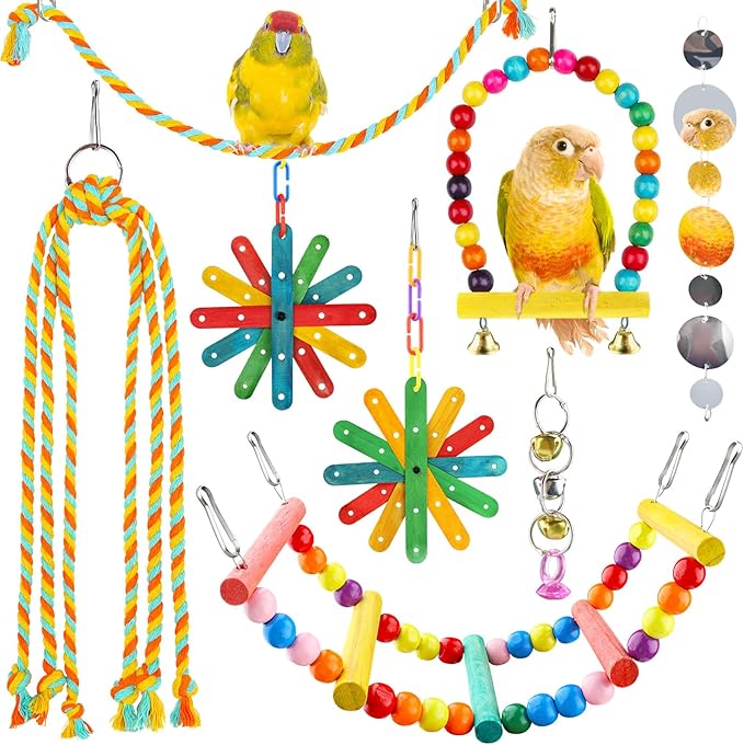 8 pcs Bird Toys for Parakeets with Colorful Ladder Hammock Bird Cage Accessories Bird Perch Stand Chewing Toys Hanging Bell Parrot-PurrikoPets