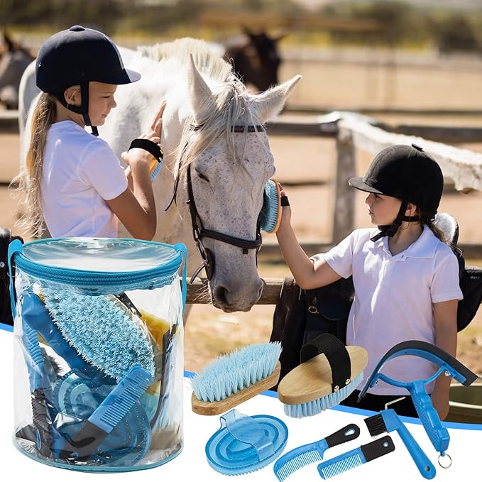 9 Pieces Horse Grooming Kit Tack Room Supplies Set with Organizer Tote Bag, Oval Massage Curry, Hard and Soft Brush, Hoof Pick, Sweat Scraper, Bathing Sponge, Combs for Horse Riders Beginners (Blue)-PurrikoPets