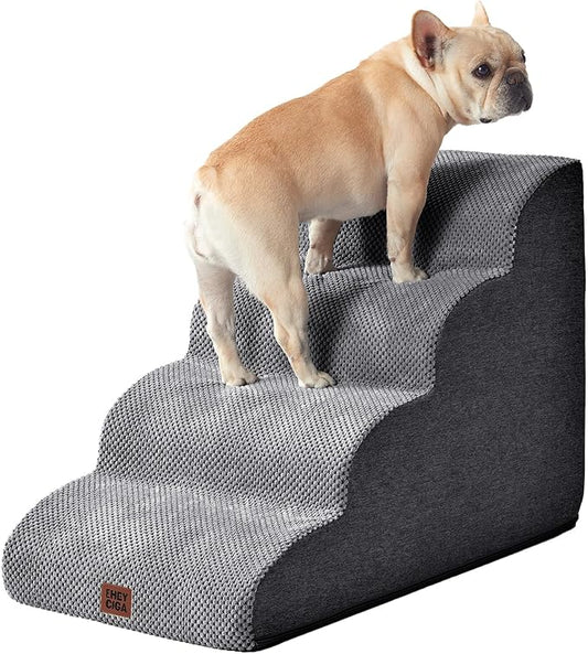 EHEYCIGA Curved Dog Stairs Ramp for High Beds 19.7" H, 4-Step Dog Steps for Small Dogs and Cats, Pet Stairs for High Bed Climbing, Non-Slip Balanced Pet Step Indoor, Grey-PurrikoPets