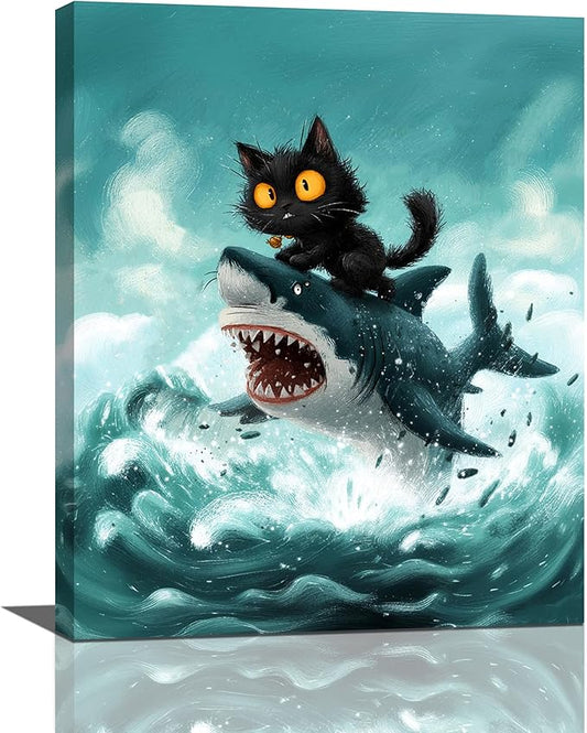 Funny Black Cat Bathroom Wall Art Cute Cat Riding Shark Canvas Wall Decor Animal Kitten Pictures Painting Print Artwork Framed Decorations Gifts for Cat Lover Kids Room Bedroom 16"x20"-PurrikoPets