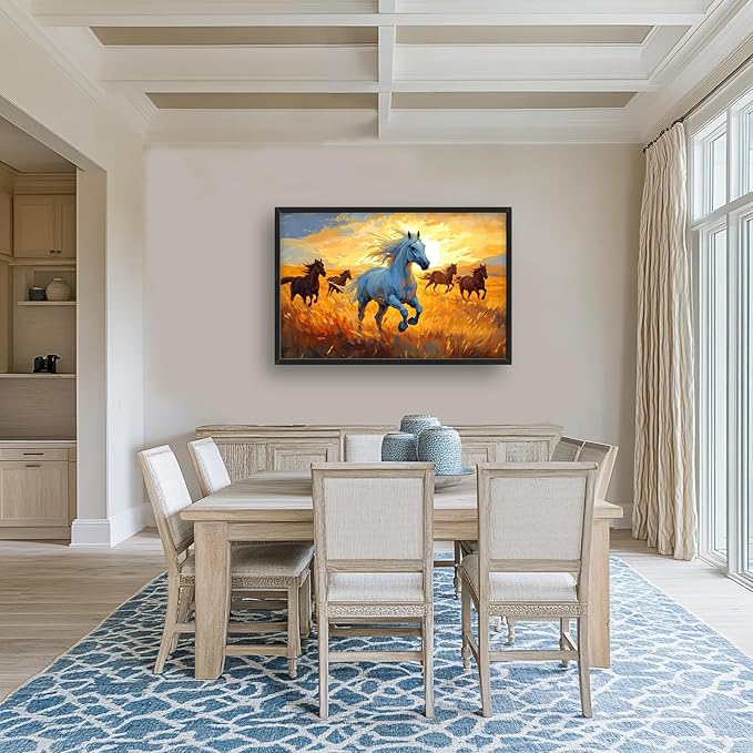 Framed Large Horse Wall Art for Living Room, Oversized Running Horses Wall Decor, Sunset Field Landscape Canvas Painting Home Decoration for Living Room Bedroom Dining Room Office 36"x24"-PurrikoPets