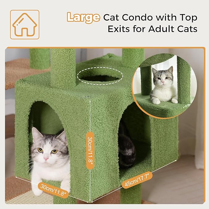 72” Cat Tree for Large Cats Big Cat Tower with Enlarged Hammock 21.6x17.7” Spacious Cats Condo House and Roomy Top Bed and Multiple Scratch Posts for Indoor Adult Cats (Green, XLarge-72)-PurrikoPets