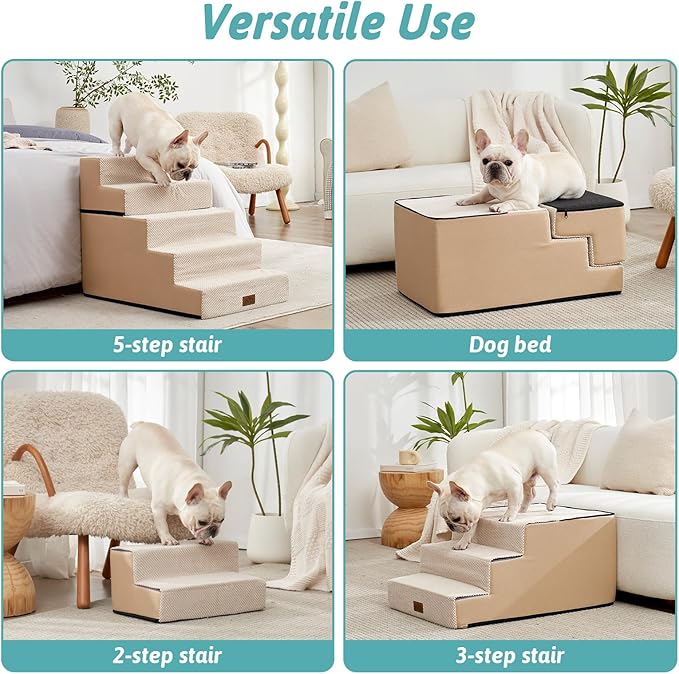 Dog Stairs for Small Dogs, 5 Tier Removable Wider Pet Stairs for Couch and Bed, 23.6" H Non-Slip Dog Steps for Puppies and Old Cats with Support Board, 29.5x19.7x23.6 inch, Beige-PurrikoPets