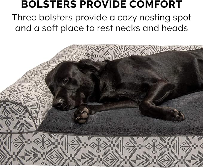 Furhaven Orthopedic Dog Bed for Large/Medium Dogs w/ Removable Bolsters & Washable Cover, For Dogs Up to 55 lbs - Plush & Southwest Kilim Woven Decor Sofa - Boulder Gray, Large-PurrikoPets