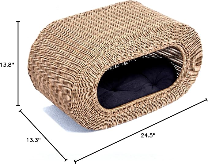 Fun Stackable Wicker Cat Hideaway House - Interactive Play Rattan Cat House for Indoor Cats Kitty, Pet Friendly Top/Side House Entry, Cat Bed Enclosed-PurrikoPets