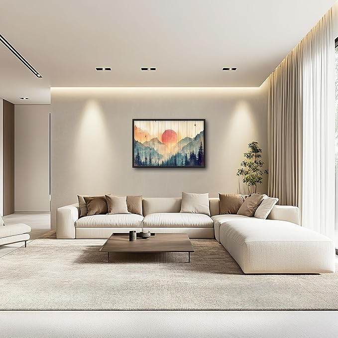 Framed Large Cabin Mountain Wall Art for Living Room, Oversized Rustic Forest Wall Decor, Rustic Nature Landscape Canvas Painting Sunset Pictures Home Decoration for Bedroom Office 36"x24"-PurrikoPets