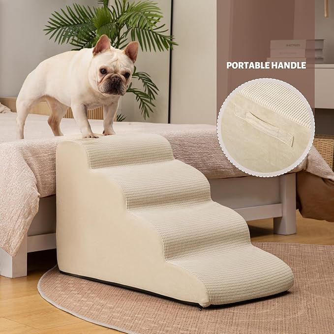4-Step Dog Stairs and Ramp for Beds or Couches,Non-Slip Sturdy Pet Steps for Small Dogs and Cats,17.4" H,Beige-PurrikoPets