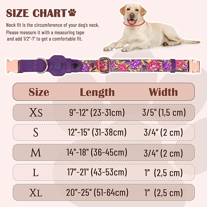 AirTag Dog Collar for Small Medium Large Breed - Adjustable Cute Pattern Dog Collar with Airtag Holder - Soft Leather Tracker GPS Apple Air Tag Pet Collars (X-Small, 9"-12" Neck Fit, Peonies)-PurrikoPets