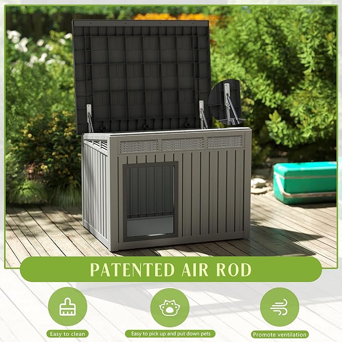 Dog House Indoor Outdoor,Resin Waterproof Puppy Shelter with Air Vents and Elevated Floor,Air Rod on Top to Open,Dog Kennel for Small to Large Dogs(Grey,42.87 * 32.95 * 31.61)-PurrikoPets