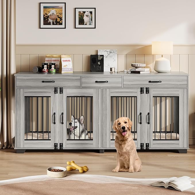 71 Inch Dog Crate Furniture for 2 Rooms, Wooden Double Crate Large Breed with Door, Dog Kennel Indoor, TV Stand End Table with Divider for Large Medium Dogs,Grey-PurrikoPets