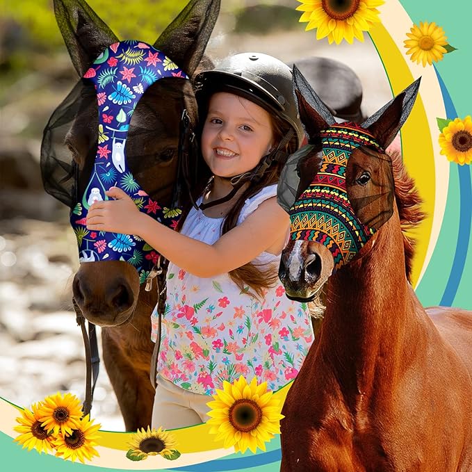 Frienda 4 Pieces Horse Fly Masks with Ears Face Covering UV Protection from Insect Pests Elasticity Smooth Comfortable Mesh Horse Mask Accessories(Geometric,Medium)-PurrikoPets