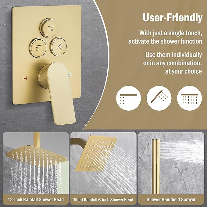 12 Inch Rain Shower System, Brushed Gold Shower Faucet Set with Push Button Diverter, 6 Inch Wall Mounted 3-Functions Bathroom Shower Systems with Dual-Function Handheld-PurrikoPets