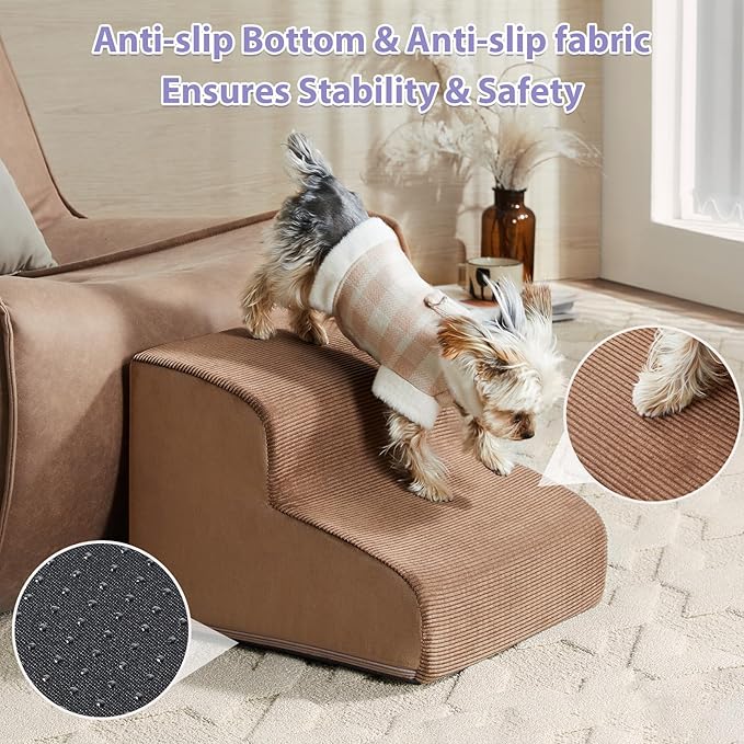 Dog Stairs for Small Dogs, 3-Steps Dog Ramp for Bed and Couch, Pet Stairs with Highly Supportive Foam and Non-Slip Bottom, Pet Steps for Cat & Doggie (High 15.7 Inch)-PurrikoPets