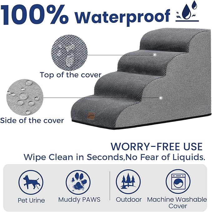 GoGoBunny Waterproof High Density Foam Curved Dog Stairs for High Beds Couches 19.7" H, 4-Step Ramp Dog Steps Friendly to Small Medium Dogs or Pets Joints, Non-Slip Balanced Durable Pet Step, Grey-PurrikoPets