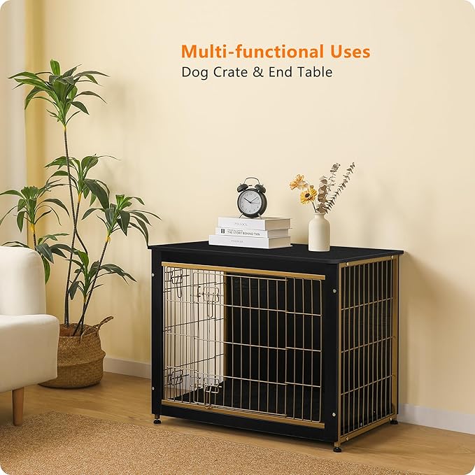 DWANTON Dog Crate Furniture with Cushion, Wooden Kennel Table with Double Doors, Indoor Dog House, Medium Size, 32.5" L, Black+Gold-PurrikoPets