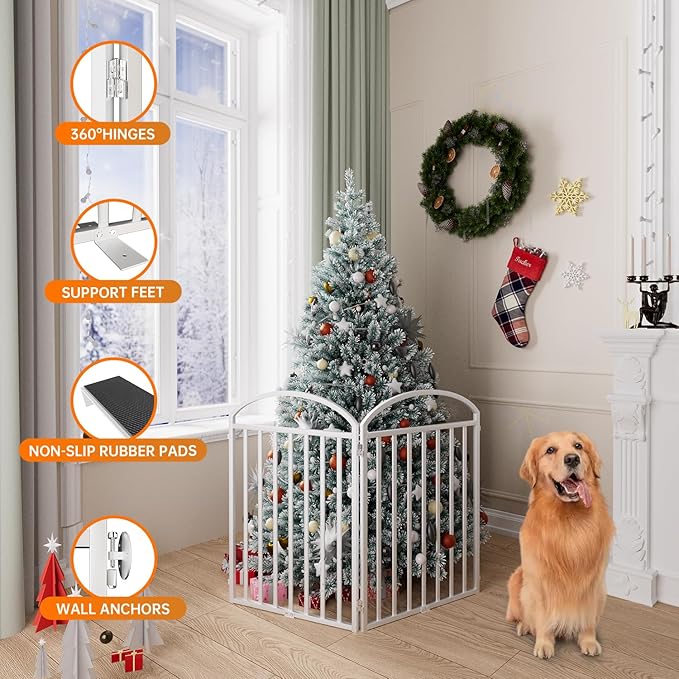 2 Panles Full Matel Freestanding Dog Gates with Door, 48"Extra Wide 32"Tall Free Standing Dog Pet Gate for Indoor & Outdoor. Foldable Pet Fences for Doorways, House, Stairs, Porch, Deck, Yard-PurrikoPets