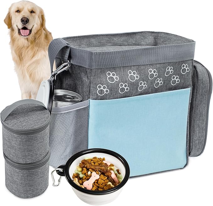 Dog Travel Bag with Treat Pouch, Airline Approved Dog Bags for Traveling, 2 Dog Food Travel Container, 2 Travel Bowls, Weekend Dog Travel Bag for Supplies, Dog Travel Kit Accessories-PurrikoPets