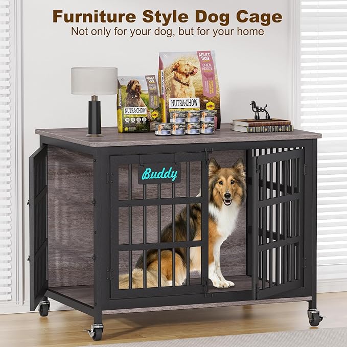 EasyCom 41"/33"/27" Dog Crate Furniture with Name Tag, Heavy Duty Dog Kennel Indoor for Medium Dogs, Double-Doors Sturdy Metal Dog Cage for Anxiety Dog, Decorate House as TV Stand, End Table-PurrikoPets