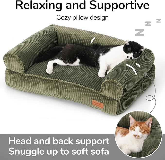 FUKUMARU Dog Couch Bed, Corduroy Cozy Cat Bed for Indoor Cats with Washable Cover, Supportive Waterproof Dog Beds Sofa for Small Dogs and Large Cats Cute, 28inch, Medium, Green-PurrikoPets