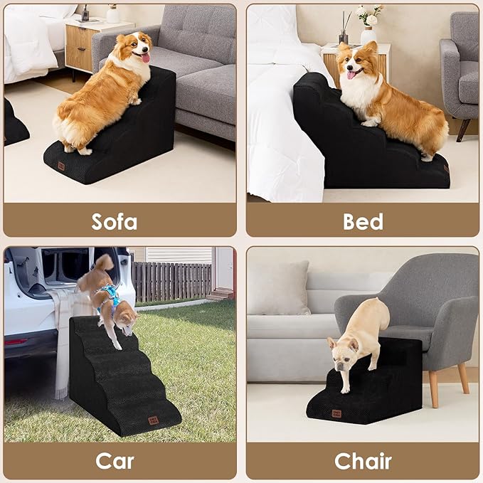 EHEYCIGA Curved Dog Stairs Ramp for Small Dogs 15.7" H, 3-Step Dog Steps for Couch Sofa and Chair, Pet Stairs for Cats, Non-Slip Balanced Pet Steps Indoor, Black-PurrikoPets