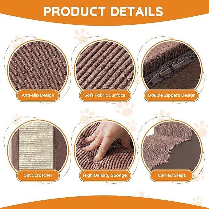 Dogs Steps for Bed, Dog Stairs for Small Dogs, 2-Step Dog Ramp for Bed, Couch, Sofa, and Chairs, Non-Slip Bottom Design, Cat Scratching, High Density Foam Portable Pet Step, Indoor, Coffee-PurrikoPets