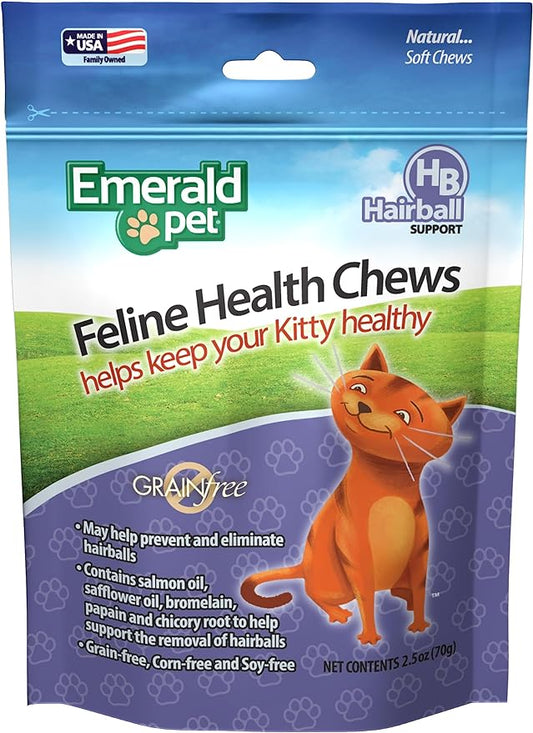 Emerald Pet Feline Health Chews Hairball Support — Natural Grain Free Feline Hairball Control Chews — Hairball Control Cat Supplements for Hairball Prevention and Elimination — Made in USA, 2.5 oz-PurrikoPets