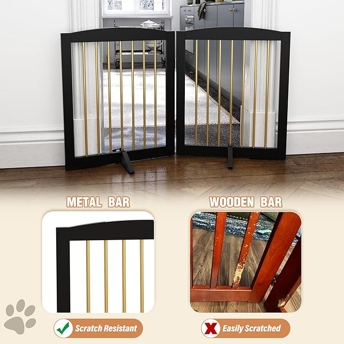 Freestanding Pet Gate for Dogs, Foldable Wooden Dog Gate for House, Stairs, Doorways, Step Over Pet Puppy Safety Fence,Support Feet Included,24" Height 2 Panels, Black&Gold-PurrikoPets