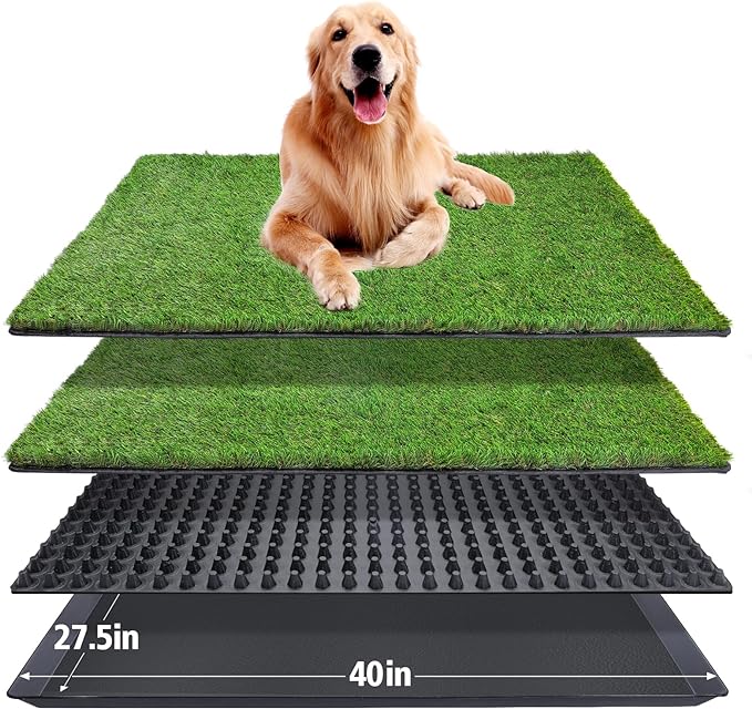 Dog Grass Pad with Tray(40×27.5 inch), Large XL Reusable 3-Layer Dog Pee Potty Grass Pads, Easy to Clean Artificial Fake Grass for Indoor Outdoor and Balcony (2 Pcs Grass Pad+Drainage Grate+Tray)-PurrikoPets