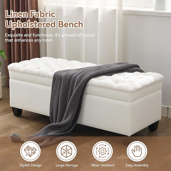 51" Fabric Storage Ottoman Bench, Upholstered Rectangle End of Bed Storage Ottoman Tufted Living Room Bedroom Bench with Safety Hinge, Solid Wood Legs, Loads 500 lb(Beige)-PurrikoPets