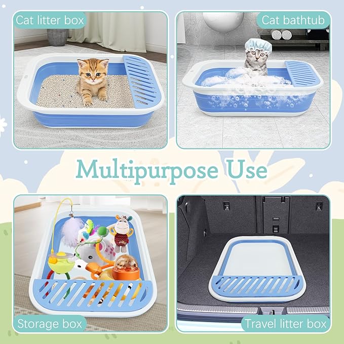 Fhiny Cat Litter Box Portable Shallow Litter Box 17.7"x13.4"x4.9" Foldable Cat Toilet with Scoop Open Kitty Potty Pan with Litter Drop Pedal Easy to Clean Travel Kitten Toilet(Blue)-PurrikoPets