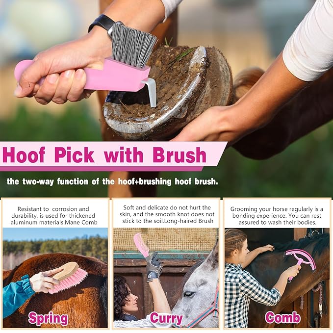 Abbylike 12 Pieces Horse Grooming Kit with Organizer Tote Bag Tack Room Supplies Horse Brush Sets Equine Care Cleaning Kit Shedding Grooming Massaging Tools(Pink and Grey)-PurrikoPets