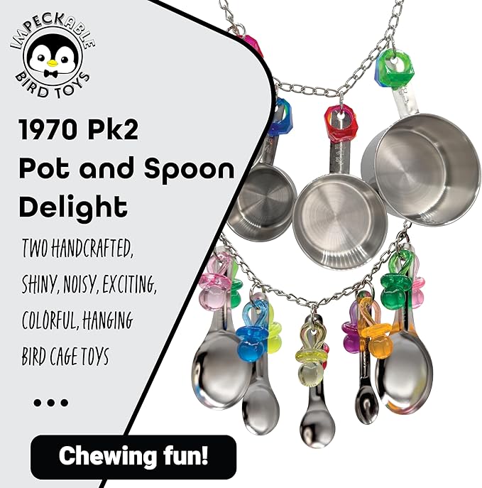 1970 Pk2 Pot and Spoon Delight Features Shiny pots and Spoons with Acrylic Rings and Pacifiers, Handcrafted for African Greys Amazons Macaws-PurrikoPets