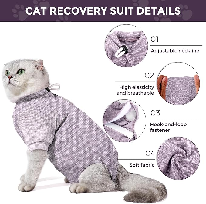 Dotoner Cat Surgery Recovery Suit for Female Male Anti-Licking Pet Surgical Pajamas Long Sleeve Prevent Shedding Cat Spay Recovery Suit&E Collar Alternative Bodysuit for Cats-PurrikoPets