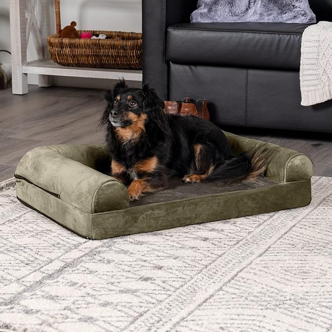 FurHaven Soft, Orthopedic Foam Sofa Dog Bed with Washable & Removable Cover - Faux Fur/Velvet - Dark Sage, Dogs Up to 35 lbs - Medium-PurrikoPets